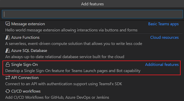 Screenshot shows the Single Sign-on feature highlighted in red in the Visual Studio Code.
